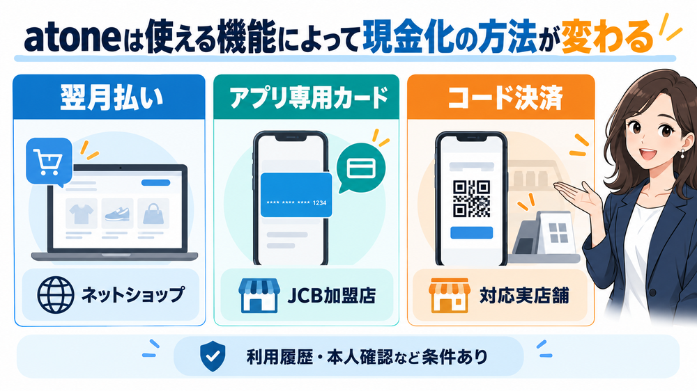 atoneは使える機能によって現金化の方法が変わる