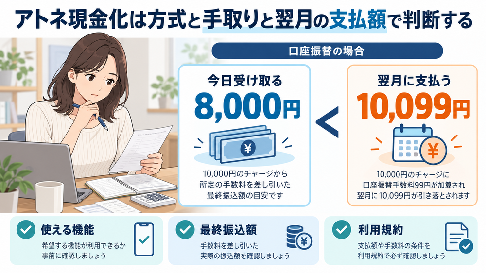 まとめ｜アトネ現金化は方式と手取りと翌月の支払額で判断する